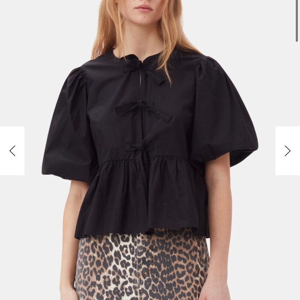 Ganni cotton poplin peplum tie blouse